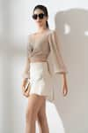 Buy_AMRTA by GUNEET KONDAL_Beige Shorts 100% Viscose Satin Organza V Neck Overlay Blouse And Set _Online_at_Aza_Fashions