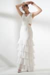 AMRTA by GUNEET KONDAL_White Shell-95% Viscose Draped V Neck Tiered Maxi Dress _Online_at_Aza_Fashions