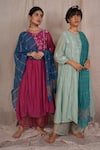 Buy_Pants and Pajamas_Blue Kurta Chanderi Mul And Pant Cotton Magnet Aqua Chikankari & - Set Of 2 