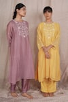 Pants And Pajamas_Yellow Chanderi, Cotton, Silk Embroidery, Water Color Kurta And Pant - Set Of 2 _Online_at_Aza_Fashions