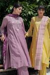Pants And Pajamas_Yellow Chanderi, Water Color Chikankari Kurta Pant And Dupatta - Set Of 3 _Online_at_Aza_Fashions