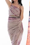 AMRTA by GUNEET KONDAL_Beige Shell 100% Viscose Modal Dyed One Shoulder Asymmetrical Midi Dress _Online_at_Aza_Fashions