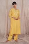 Buy_Pants And Pajamas_Yellow Chanderi, Cotton, Silk Embroidery, Water Color Kurta And Pant - Set Of 2 _at_Aza_Fashions