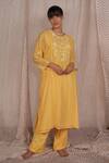 Shop_Pants And Pajamas_Yellow Chanderi, Water Color Chikankari Kurta Pant And Dupatta - Set Of 3 _Online_at_Aza_Fashions