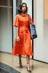 Buy_Leh Studios_Orange 100% Cotton Poplin Checkered Collared Neck Pattern Shirt Dress _Online_at_Aza_Fashions