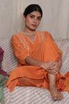 Pants and Pajamas_Orange Chanderi Mull Embroidery Mukaish V Neck Crayon Chikankari Kurta _Online_at_Aza_Fashions