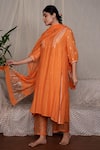 Shop_Pants and Pajamas_Orange Kurta Chikan Embroidery Placement Chevron Pant And Dupatta - Set Of 3 _Online_at_Aza_Fashions