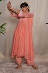 Buy_Pants and Pajamas_Peach Chanderi Mull Embroidery Mukaish V Neck Candy Stick Chikankari Kurta _Online_at_Aza_Fashions