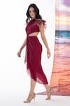 Buy_AMRTA by GUNEET KONDAL_Maroon Shell 100% Viscose Chinon Embroidered Ruched Cutout Asymmetrical Dress _Online_at_Aza_Fashions