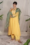 Shop_Pants And Pajamas_Yellow Chanderi, Cotton, Candy Stick Chikankari Kurta Pant And Dupatta - Set Of 3 _Online_at_Aza_Fashions