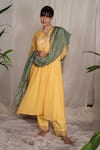 Pants And Pajamas_Yellow Chanderi, Cotton, Candy Stick Chikankari Kurta Pant And Dupatta - Set Of 3 _at_Aza_Fashions