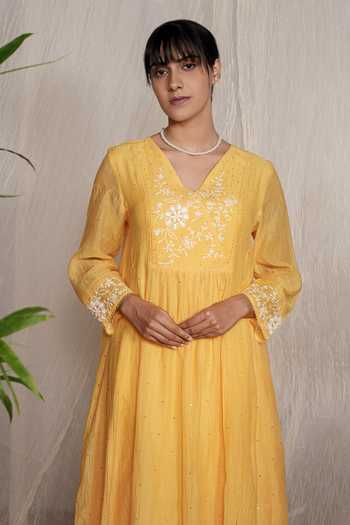 Pants And Pajamas_Yellow Chanderi, Cotton, Silk Embroidery, Candy Stick Kurta And Pant - Set Of 2 _at_Aza_Fashions