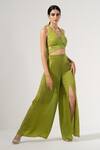 Amrta By Guneet Kondal_Green Viscose Halter Neck Careless Whispers Top And Wide Legged Pant Set _Online_at_Aza_Fashions