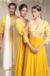 Sanjev Marwaaha_Yellow Modal And Georgette Embroidery Applique Bodice Jacket & Palazzo Set _at_Aza_Fashions