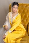 Buy_Sanjev Marwaaha_Yellow Modal And Tulle Embroidery Applique V Neck Floral Neckline Kurta Set _Online_at_Aza_Fashions