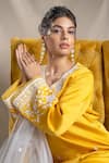 Shop_Sanjev Marwaaha_Yellow Modal And Tulle Embroidery Applique V Neck Floral Neckline Kurta Set _Online_at_Aza_Fashions