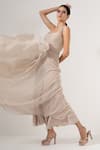 AMRTA by GUNEET KONDAL_Off White Shell- 100% Viscose Georgette Plunge Neck Hand Beaded Gown _Online_at_Aza_Fashions