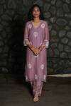 Shop_Pants And Pajamas_Purple , Popsicle Lilac Lace Trim Kurta Pant And Dupatta - Set Of 3 _Online_at_Aza_Fashions