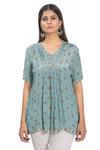 Vana Ethnics_Blue Crepe, Viscose Floral, Sequin V Neck Embroidered Tunic _Online_at_Aza_Fashions
