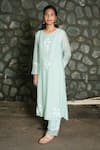 Buy_Pants And Pajamas_Blue Cotton, , Felt Aqua Chikankari Kurta Pant And Dupatta - Set Of 3 _Online_at_Aza_Fashions