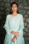 Pants And Pajamas_Blue Cotton, , Felt Aqua Chikankari Kurta Pant And Dupatta - Set Of 3 _at_Aza_Fashions
