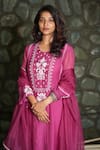 Pants And Pajamas_Pink Cotton, Silk, Felt Berry Floral Motif Kurta Pant And Dupatta - Set Of 3 _Online_at_Aza_Fashions