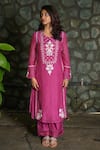 Buy_Pants And Pajamas_Pink Cotton, Silk, Felt Berry Floral Motif Kurta Pant And Dupatta - Set Of 3 _Online_at_Aza_Fashions