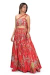 Vana Ethnics_Red Viscose And Embroidery Floral One Shoulder Blouse & Lehenga Set For Kids_Online_at_Aza_Fashions