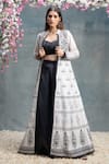 Sanjev Marwaaha_Ivory Chanderi And Modal Print Hand Block Jacket Collar & Bustier & Palazzo Set _Online_at_Aza_Fashions