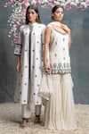 Shop_Sanjev Marwaaha_Ivory Modal And Georgette Embroidery Mirror & Thread Scoop Neck Kurta Sharara Set _Online_at_Aza_Fashions