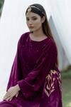 Daljit Sudan_Wine Velvet Embroidery Kashmiri Tilla And Aari A-line Phiran Kurta And Pant Set _Online_at_Aza_Fashions