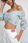 Shop_AMRTA by GUNEET KONDAL_Blue Top 100% Cotton Checkered One Shoulder Off And Pant Set _Online_at_Aza_Fashions