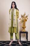 Bhusattva_Green Cotton, Organza, Silk Embroidery Boat Neck Yoke Kurta Set _Online_at_Aza_Fashions