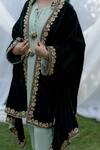 Daljit Sudan_Green Velvet Kashmiri Tilla Aari V Neck Kimono Cape And Pant Set_Online_at_Aza_Fashions