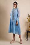 Bhusattva_Blue Organic Cotton Silk Embroidery Sequin Notched Placket Dress  _Online_at_Aza_Fashions