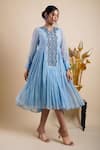 Buy_Bhusattva_Blue Organic Cotton Silk Embroidery Sequin Notched Placket Dress  _Online_at_Aza_Fashions