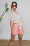 Amrta By Guneet Kondal_Ivory Cotton, Linen Beads V-neck Embroidered Crop Top And Shorts Set _Online_at_Aza_Fashions