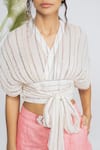 Shop_Amrta By Guneet Kondal_Ivory Cotton, Linen Beads V-neck Embroidered Crop Top And Shorts Set _Online_at_Aza_Fashions