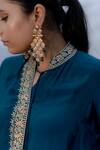 Daljit Sudan_Blue Crepe Embroidery Kashmiri Tilla Band Front Drape Phiran Kurta Pant Set _Online_at_Aza_Fashions