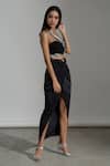 Amrta By Guneet Kondal_Black Viscose Sequins Asymmetric Embellished Top And Skirt Set _at_Aza_Fashions