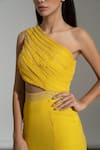 AMRTA by GUNEET KONDAL_Yellow Shell 100% Viscose Georgette Asymmetric Hand Beaded Gown _at_Aza_Fashions