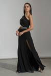 Buy_Amrta By Guneet Kondal_Black Georgette, Viscose Beads Asymmetric Hand Ruched Maxi Dress _Online_at_Aza_Fashions