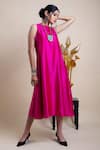 Bhusattva_Pink Organic Silk Embroidery Polka Dots Dress Crew A-line With Cape  _Online_at_Aza_Fashions