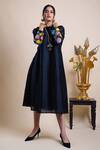 Buy_Bhusattva_Black Organic Silk Embroidery Flora Round Sleeve Dress With Stole  _Online_at_Aza_Fashions
