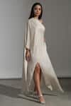 AMRTA by GUNEET KONDAL_Off White Shell 100% Viscose Satin Plain Paros One Shoulder Kaftan Gown _Online_at_Aza_Fashions