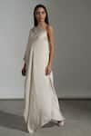 Buy_AMRTA by GUNEET KONDAL_Off White Shell 100% Viscose Satin Plain Paros One Shoulder Kaftan Gown _Online_at_Aza_Fashions