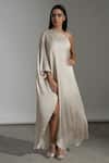 Shop_AMRTA by GUNEET KONDAL_Off White Shell 100% Viscose Satin Plain Paros One Shoulder Kaftan Gown _Online_at_Aza_Fashions