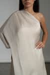 AMRTA by GUNEET KONDAL_Off White Shell 100% Viscose Satin Plain Paros One Shoulder Kaftan Gown _at_Aza_Fashions