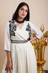 Shop_Bhusattva_White Organic Silk Embroidery Thread V Neck Bodice Dress With Belt  _Online_at_Aza_Fashions