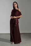 Buy_AMRTA by GUNEET KONDAL_Wine Shell 100% Viscose Satin One Shoulder Draped Top And Pant Set _Online_at_Aza_Fashions